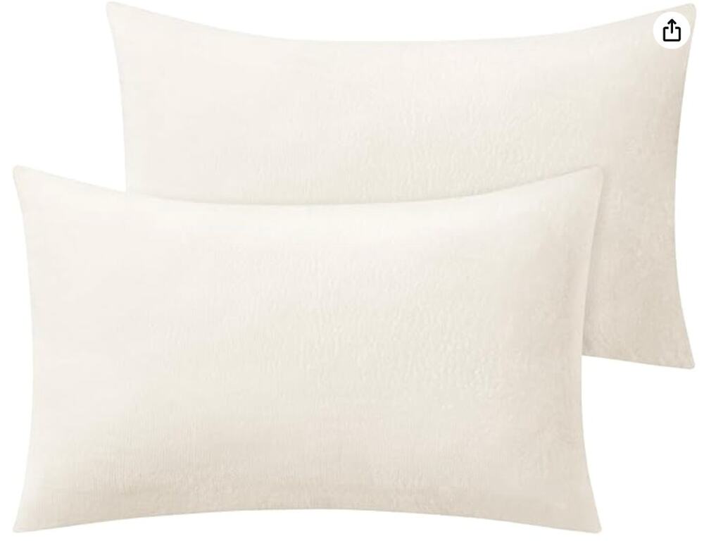Flannel Pillow Cases Queen Size Set of 2, Super Soft Fleece w/ Zipper- Off White